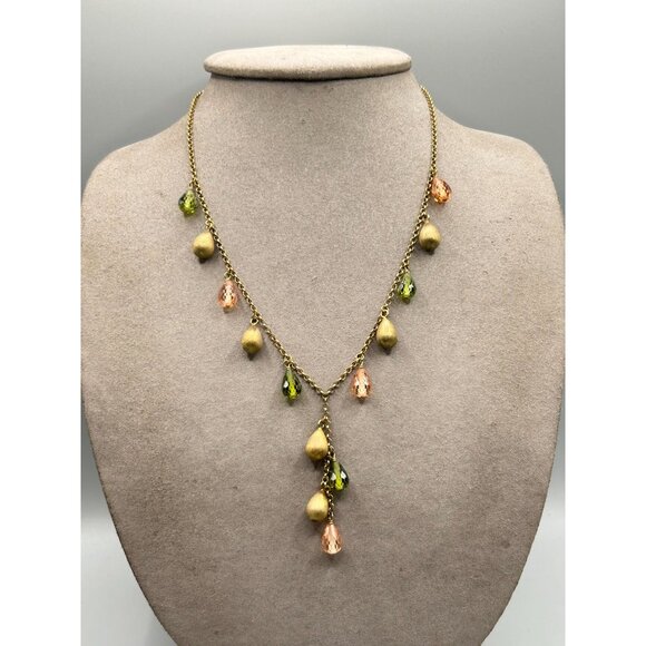 Vintage Gold Over Sterling Silver Necklace with Green & Peach Teardrop Beads - Picture 3 of 6